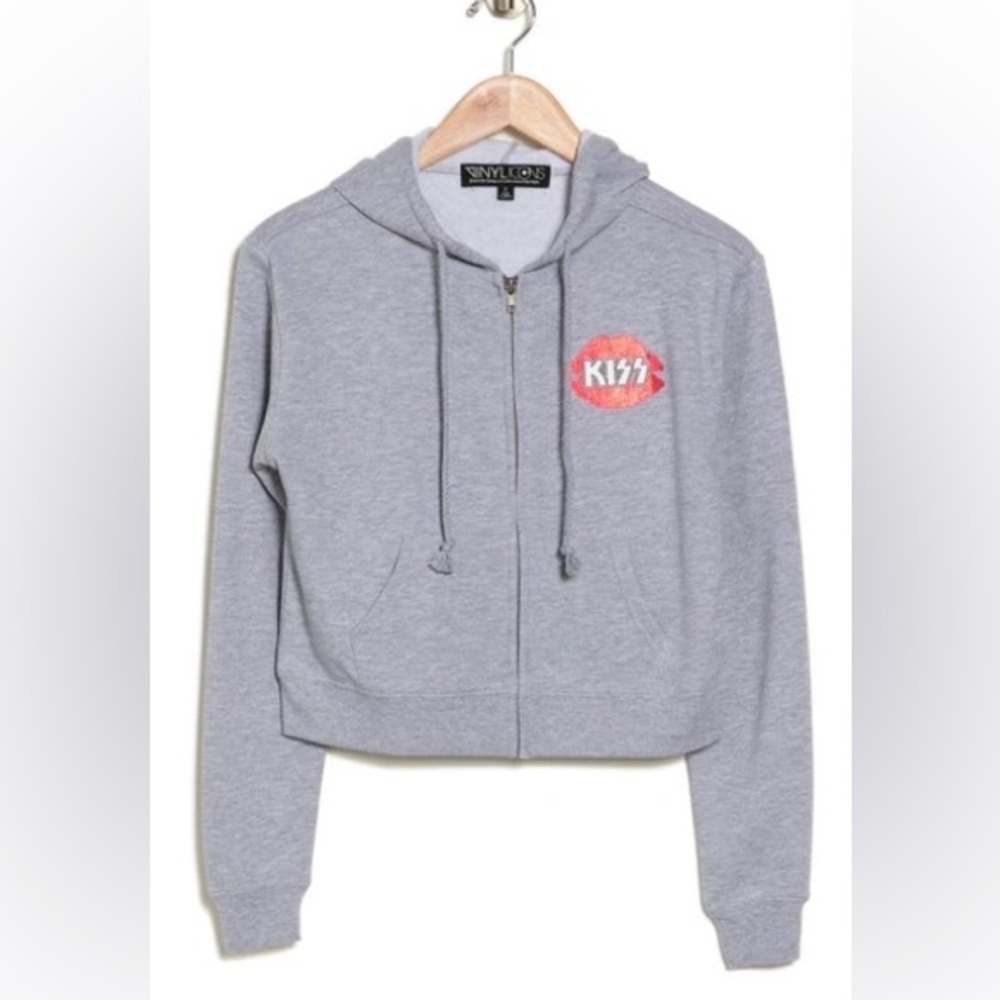 NWT Vinyl Icons Kiss Fleece Full Zip Hoodie In Heather Grey Band Sz XS